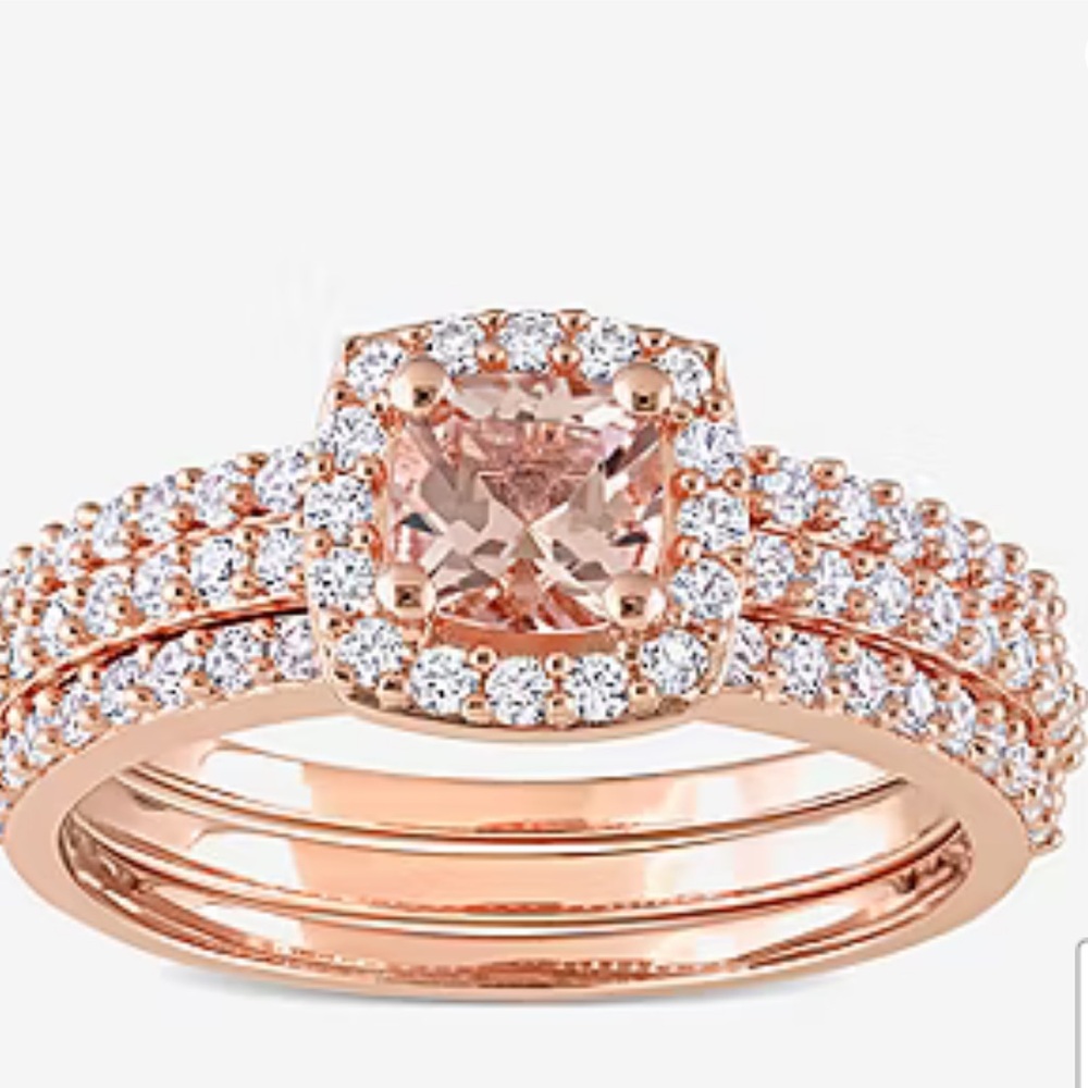 Modern Bride Genuine Pink Morganite 18K Rose Gold Over Silver Bridal set size 7